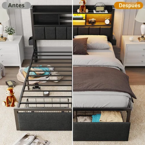 Miniatura 7 de Furnulem Base de cama Queen con cajones de almacenamiento, cabecera tapizada con luz LED y estación de carga, marco de cama de plataforma de metal