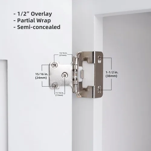 Miniatura 3 de Decobasics Paquete de 2 bisagras de gabinete de níquel cepillado superpuestas de 1/2 pulgada para puertas de gabinete (1 par), bisagras de marco
