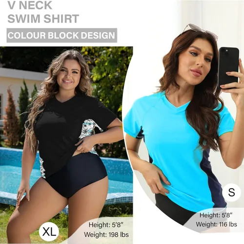 Miniatura 7 de Tournesol Women's Rash Guard Short Sleeve Swimsuit Swim Shirt UV Swimwear Tee Bathing Suit Tops only v Neck UPF50+