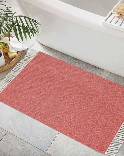 Vintage Coral Red Bathroom Rug 2' x 3', Farmhouse Retro Solid Color Linen Texture Low Profile Front Entryway Rug with Tassels, Woven Cotton Washable