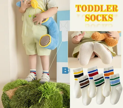 Miniatura 3 de Calcetines de agarre para niños pequeños, antideslizantes, unisex, con rayas retro sin costuras, calcetines de algodón para niñas y niños, 6 pares