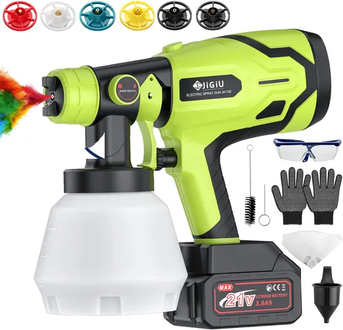 Pistola pulverizadora de pintura inalámbrica HVLP con batería de 21 V, pistola de pintura eléctrica de 300 W, tanque de 33.8 fl oz, 6 boquillas y 3