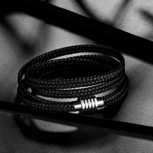 Miniatura 5 de Pulsera de cuero para hombre, pulsera trenzada negra de acero inoxidable, pulsera ajustable de protección multicapa para mujer