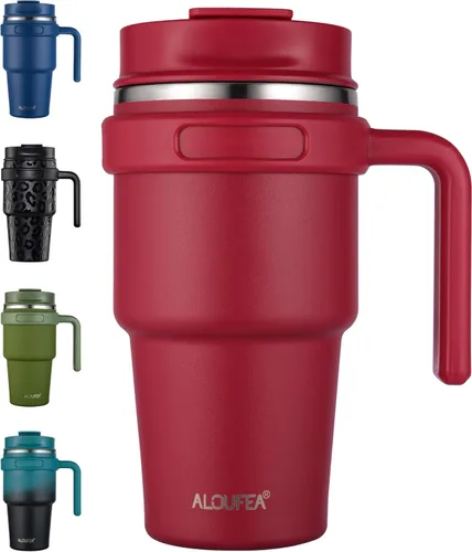 Miniatura 21 de Taza/vaso de café aislado de 20 onzas con asa, vaso de viaje de acero inoxidable con tapa y popote, vaso de doble pared con aislamiento al vacío a