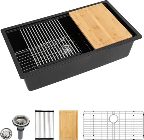 Miniatura 9 de Dcolora Fregadero de Barra de Composite de Cuarzo de 22 Pulgadas Negro Bajo Encimera Pequeño Fregadero de Cocina de Composite de Granito Prep RV