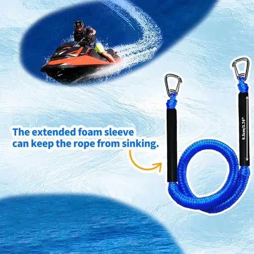 Miniatura 7 de Blue Bungee Dock Lines Paquete de 2 con ganchos dobles y tubos flotantes - Cuerdas de barco resistentes para moto acuática, pontón, kayak, 4 pies a