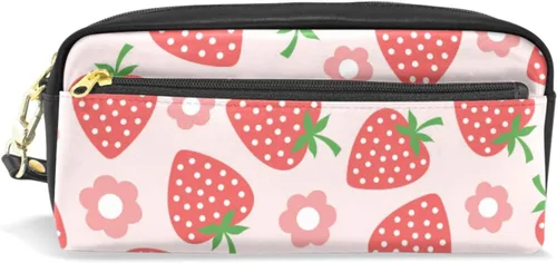 Estuche portátil de gran capacidad con diseño floral de frutas de fresa, bolsa de maquillaje de piel sintética, organizador de maquillaje con asa