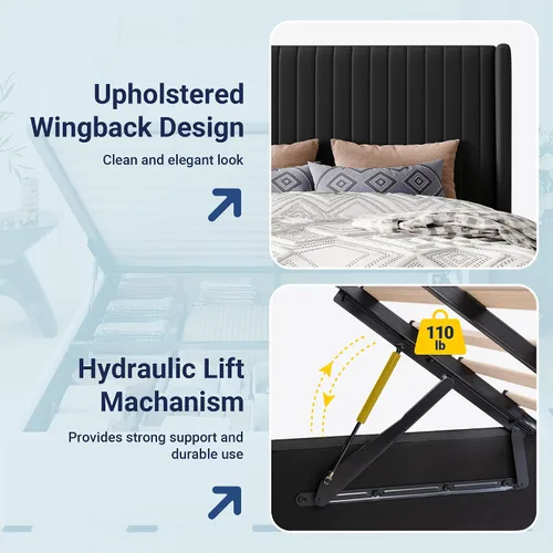 Miniatura 6 de Allewie Marco de cama de almacenamiento elevable, sistema de soporte hidráulico, marco de cama tapizado con plataforma para almacenamiento inferior