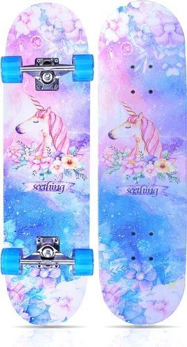 Miniatura 13 de Patinetas para principiantes, niños, niñas y adultos, 31 x 8 pulgadas, 7 capas de arce, cóncavo de doble patada, fascinante fresco, sólido y duradero