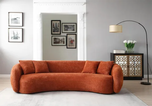 Miniatura 4 de Sofá moderno y minimalista curvado de 102 pulgadas, tapizado de tela de terciopelo de peluche, cómodo sofá de media luna de 5 plazas con 4 cojines