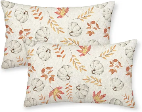 Miniatura 18 de Juego de 2 fundas de almohada de otoño de 16 x 16 pulgadas, diseño de calabaza y hoja de arce, fundas de almohada decorativas de lino para otoño