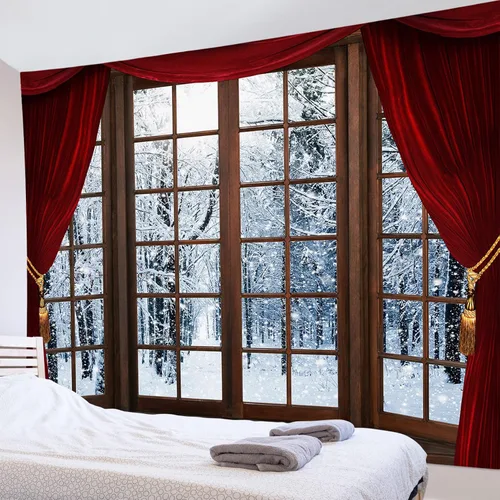 Miniatura 11 de HVEST Tapiz de bosque de invierno para colgar en la pared, montaña, nieve y pino, exterior, ventana de Navidad, arte de pared, tapiz de invierno