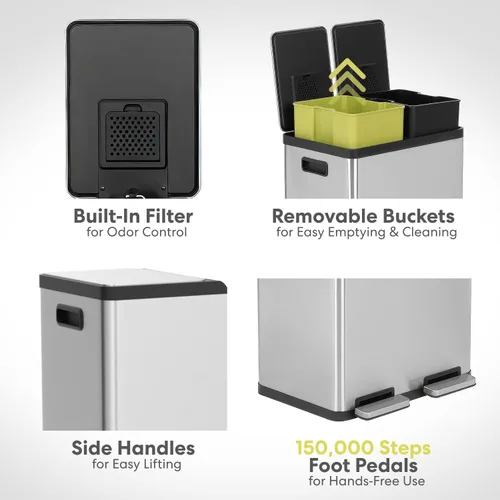 Miniatura 6 de SIMPLI-Magic Cubo de basura con pedal de 16 galones (60L), cubo de basura de cocina de doble compartimento con contenedores de basura y reciclaje