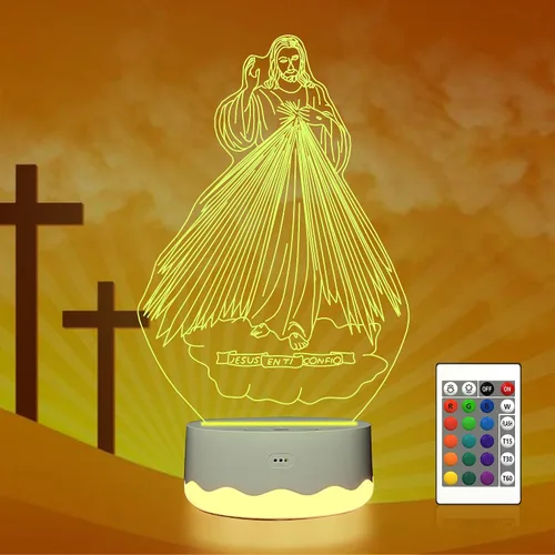 Miniatura 14 de Attivolife Luz Nocturna de Ilusión 3D de Jesús, Lámpara LED Óptica del Sagrado Corazón de Jesús con 16 Cambios de Color, Control Remoto + Jesús2