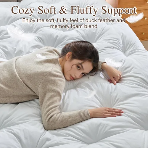 Miniatura 6 de WhatsBedding 3 Inch Feather Bed Mattress Topper, Duck Feather Memory Foam Bed Topper, Soft Fluffy Supportive Pressure Relief Mattress, Twin Size, 39