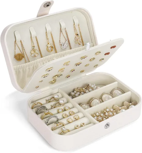 Mpeyuiltic Joyero de viaje, estuche de joyería portátil de piel sintética pequeño para mujeres y niñas, organizador de joyas de viaje de doble capa
