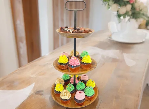 Miniatura 9 de Soporte de exhibición de madera de acacia de 3 niveles, torre rústica para cupcakes, servidor de postres y aperitivos, apilador de queso