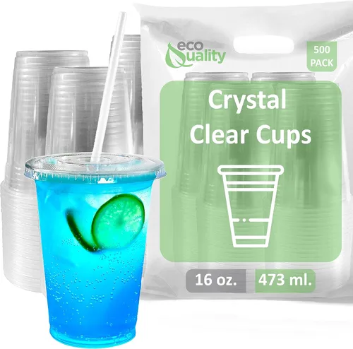 Vasos desechables grandes de plástico transparente con tapas y pajitas, 500 unidades, 16 onzas (onzas), taza de PET transparente para batidos fríos,