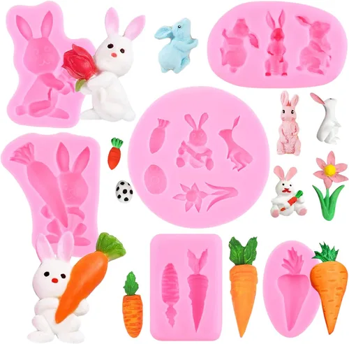 ZiXiang Moldes para fondant de Pascua, moldes de silicona de conejo, molde de zanahoria y chocolate, molde de conejo, flor, caramelo para decoración