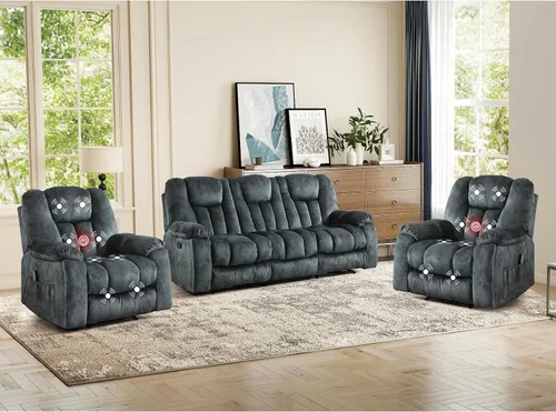 Miniatura 24 de EBELLO Silla reclinable manual con masaje y calor, sillón reclinable de tela suave para adultos con portavasos ocultos, bolsillo lateral, sofá