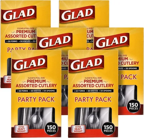 Glad Cubiertos de plástico surtidos de alta calidad, tenedores, cuchillos y cucharas transparentes extra resistentes, juego de 150 piezas de