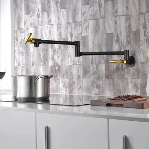 Miniatura 6 de SUMERAIN Grifo de llenado de olla para montaje en pared, grifo de cocina negro y dorado, brazos oscilantes de doble articulación, dos manijas