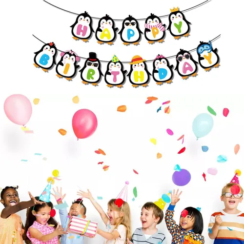 Miniatura 4 de Bonita pancarta de feliz cumpleaños de pingüino, decoraciones de fiesta de cumpleaños de pingüinos, decoración de fiesta de cumpleaños de baby