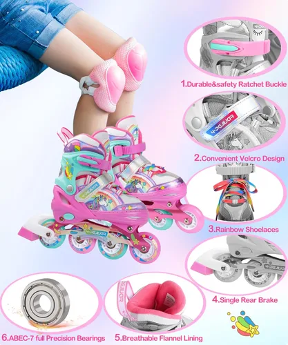 Miniatura 3 de Patines en línea de unicornio arcoíris para niñas, adolescentes y mujeres, patines 4-Pejiijar para niñas de 6 a 8 a 12 años con ruedas luminosas