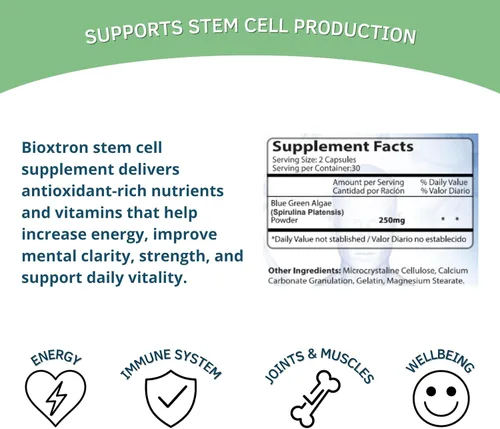 Miniatura 5 de Bioxtron Suplemento Natural de Células Madre en Cápsulas - Algas Azules y Verdes, Espirulina, Apoyo Energético - 60 Cápsulas