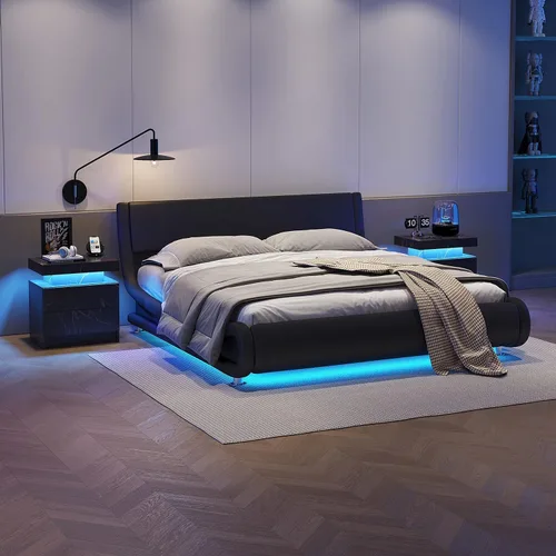 Miniatura 6 de Mesita de noche LED para dormitorio, moderna madera con 2 cajones, mesita de noche negra y dorada, mesa auxiliar con luz LED ajustable
