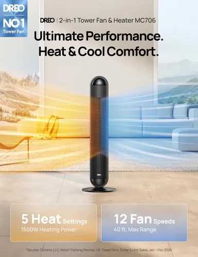 Miniatura 2 de Dreo Combo de ventilador de torre y calentador, ventiladores de pie de 29.2 pies/s para dormitorio, 17 niveles, 6 modos, oscilación de 120°, 42