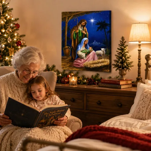 Miniatura 6 de BANBERRY DESIGNS Nativity - Lienzo decorativo para pared, cuadro LED de la Sagrada Familia con María José y el Niño Jesús, escena de establo