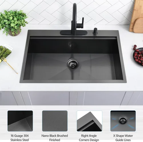 Miniatura 2 de Scamall - Fregadero de cocina con estación de trabajo, 33 x 22 x 10 pulgadas, fregadero de cocina negro 304 de acero inoxidable 304 con montaje