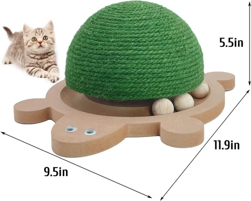 Miniatura 5 de Fhiny Pelota rascador para gatos, juguete rascador de sisal natural con pista de rodillos y base de madera con forma de tortuga para gatos de Verde