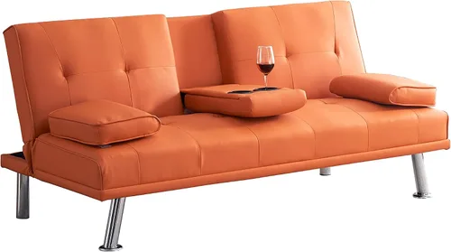 Miniatura 6 de KEIKI Sofá futón plegable de cuero de 67 pulgadas con portavasos y respaldo ajustable, moderno de mediados de siglo, sofá biplaza convertible