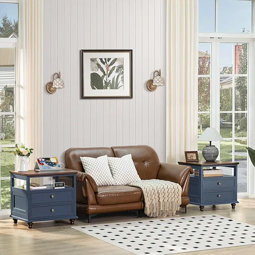 Miniatura 5 de Joaxswe Mesita de noche de estilo granja con estación de carga, mesa auxiliar de 61 cm de ancho con 2 cajones, cómoda azul para dormitorio, cómoda