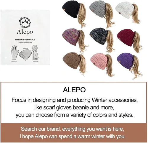 Miniatura 7 de Alepo Womens High Messy Bun Beanie Hat with Ponytail Hole, Winter Warm Trendy Knit Ski Skull Cap
