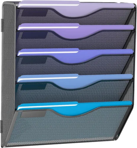 Miniatura 12 de Gawerk Organizador de archivos colgante de 6 niveles, soporte de malla para archivos de pared, estante para carpetas de papel con bandeja plana Negro