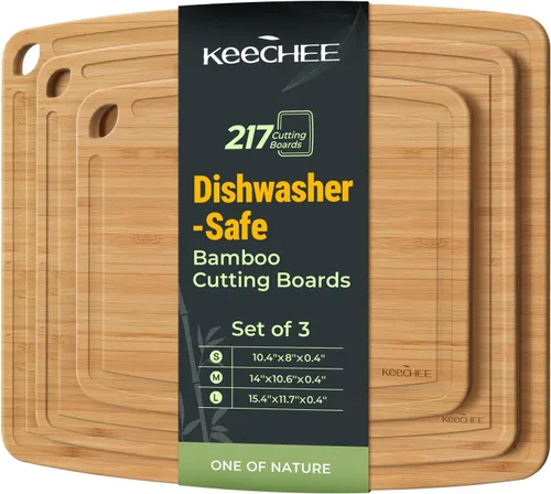 Miniatura 13 de Keechee Tabla de cortar de bambú apta para lavavajillas, tabla de cortar de madera ligera y duradera, reversible con ranura para jugos, fácil