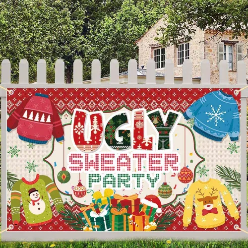 Miniatura 5 de AIBIIN Telón de fondo de fiesta de suéter feo para suéter de Navidad, decoración de fiesta, invierno, niños, fotomatón, pancarta de 6 x 3.6 pies