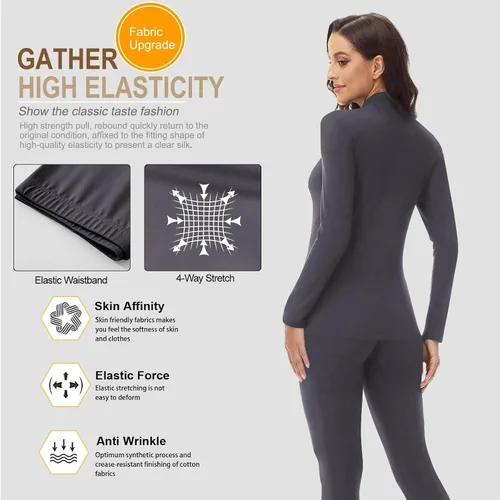Miniatura 3 de Conjunto de ropa interior térmica con cuello alto falso para mujer, forro polar ultrasuave y cálido