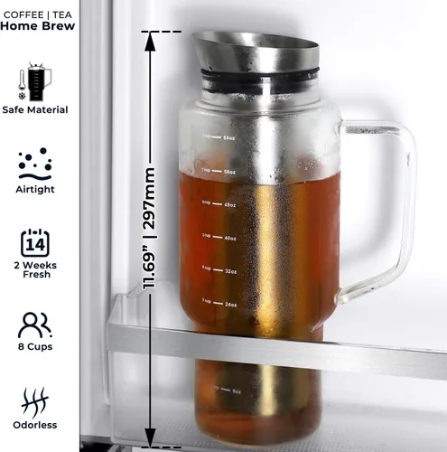 Miniatura 3 de Aquach Cafetera de café frío (Cold Brew) para café y té de 68 onzas, jarra de vidrio y filtro de acero inoxidable, apta para lavavajillas, cafetera