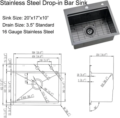 Miniatura 8 de Fregadero de cocina/bar negro empotrable de 20 x 17 pulgadas, estación de trabajo de acero inoxidable calibre 16, fregadero pequeño para cocina