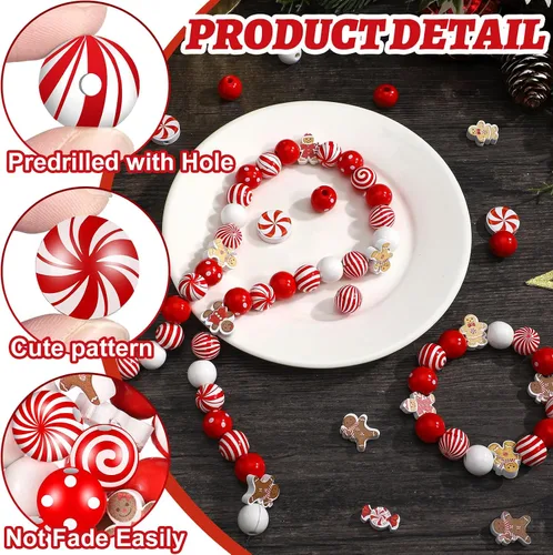 Miniatura 3 de Misdary 200 piezas de cuentas navideñas para manualidades, cuentas navideñas de madera, rojas y blancas, caramelo de menta, jengibre para joyería
