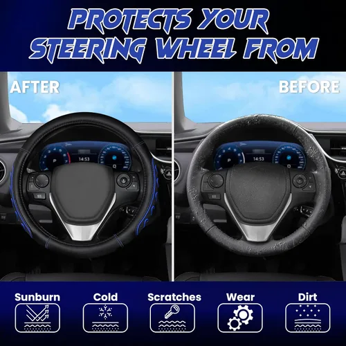 Miniatura 4 de Funda para volante ventilada en forma de corazón con agarre de cuero antideslizante. Compatible con vehículos Ford, Toyota, Honda, Nissan y azul