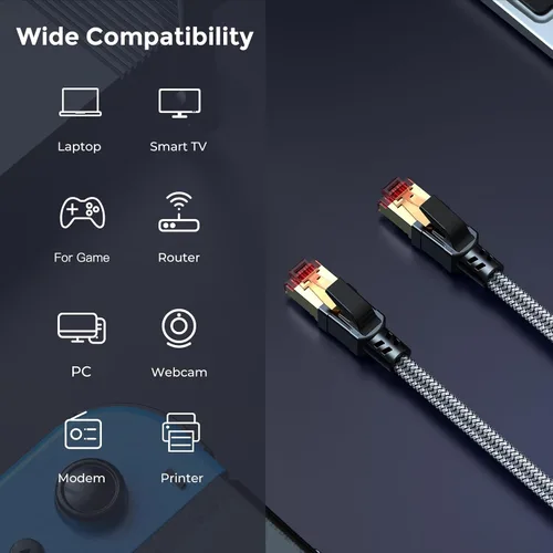 Miniatura 7 de Cable Ethernet Cat 8 de 1.5 pies, cables de Internet LAN Gigabit de alta velocidad de 40 Gbps 2000 MHz, cable de conexión RJ45 trenzado redondo