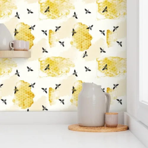 Miniatura 8 de Spoonflower Papel tapiz autoadhesivo de 3 x 2 pies – Abeja verano jardín acuarela miel oro negro nido de abeja insectos colmena abeja abejas papel