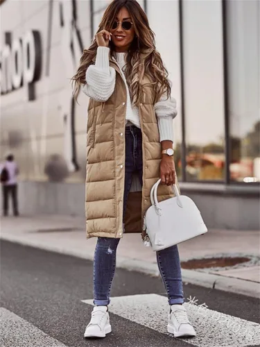 Miniatura 4 de Chaleco largo para mujer, sin mangas, acolchado, con cremallera, capucha, abrigo de invierno cálido, ligero, con bolsillos