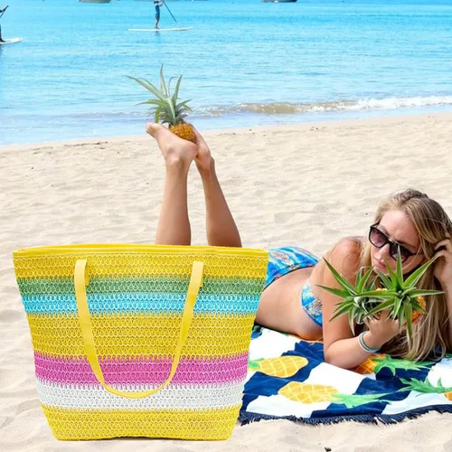 Miniatura 10 de Bolso grande de paja para mujer, tejido de ratán, bolso de playa de verano, a rayas
