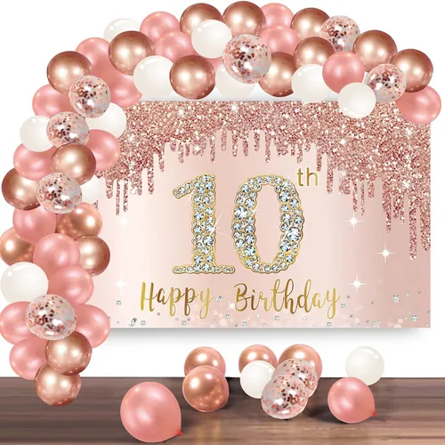 Cartel de feliz cumpleaños número 10 con arco de guirnalda de globos de confeti, juego de globos de oro rosa para niñas, póster rosa de cumpleaños